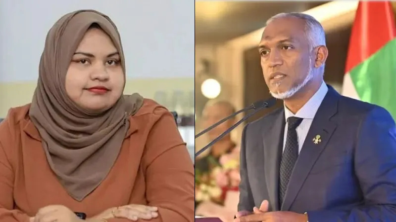 Menteri Lingkungan Hidup Maladewa Fathimah Shamnaz Ali Saleem (kiri) dan Presiden Mohamed Muizzu. Foto: truescoopnews.com